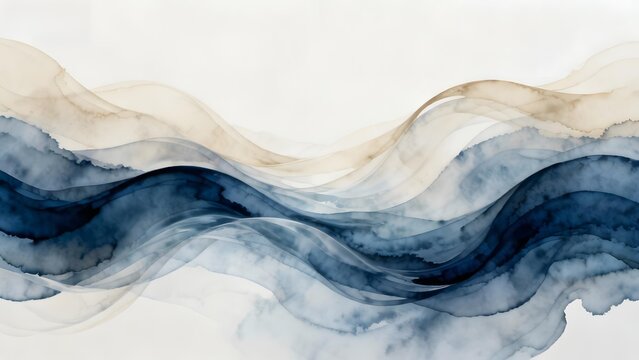 Abstract watercolor waves in blue and beige tones on a light background