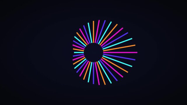 Abstract neon circular loading spinner animation with vibrant pulsing light rays on dark background