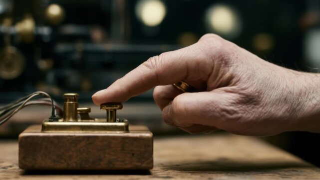 Close-up of hand pressing vintage telegraph key button on wooden base with wired connection in dimly lit room with soft bokeh background lights