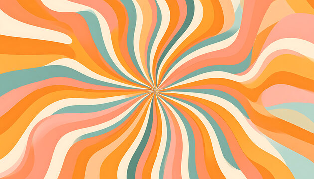 Retro groovy psychedelic sunburst pattern with wavy stripes in warm peach, orange, and teal colors, abstract background