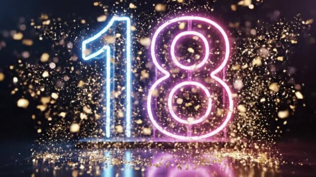 Neon illuminated number eighteen on stage with sparkling golden confetti for a birthday celebration event.