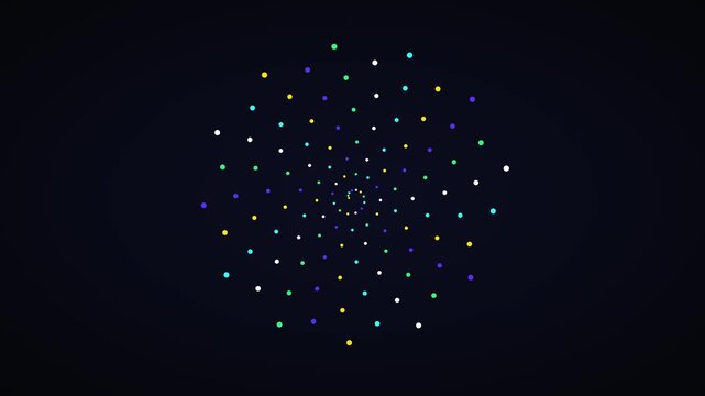 Abstract spiral motion background, with glowing colorful, particles and geometric, dot patterns