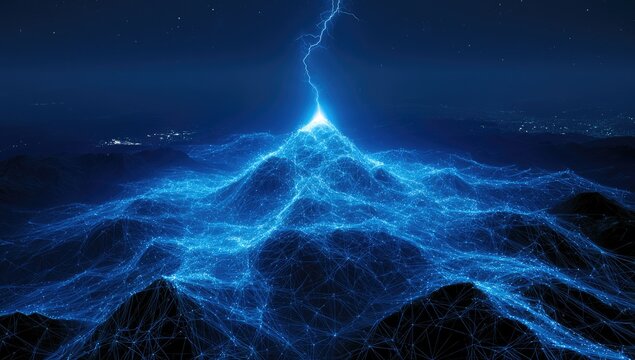 Majestic mountain peak struck by a vibrant blue lightning bolt