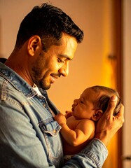 Fototapeta premium young father with his newborn child