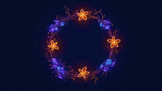 Glowing floral wreath of orange blossoms & blue buds on dark background