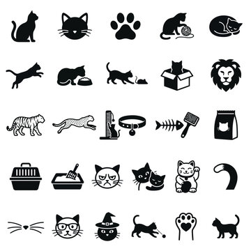Cat Icons Set: Silhouettes, Paws, Toys, Food, and Accessories