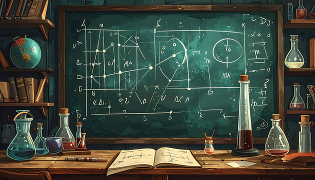 Retro science classroom with a chalkboard filled with formulas, glassware on a wooden desk, and globes on shelves, evoking nostalgia and learning