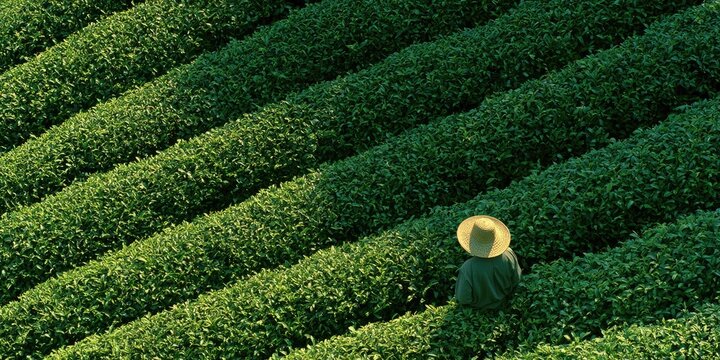 Farmer tending neatly trimmed green rows of tea plants under a broad hat