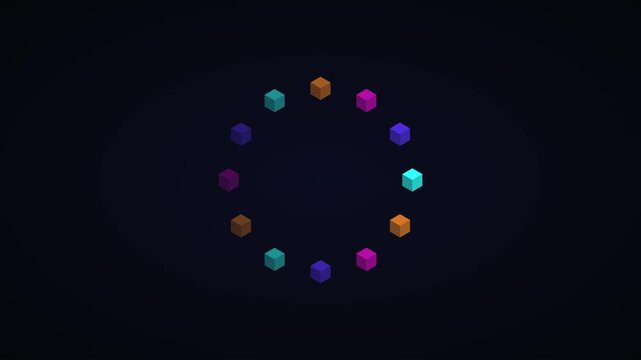 Minimalist abstract loading animation with rotating colorful 3 d cubes on dark background, motion loading