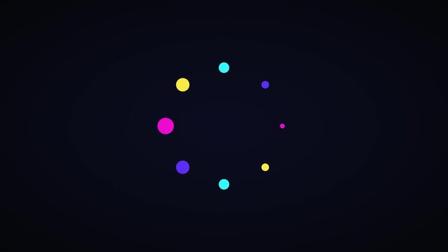 Minimalist loading spinner animation with colorful pulsing dots on dark background, progress motion ui