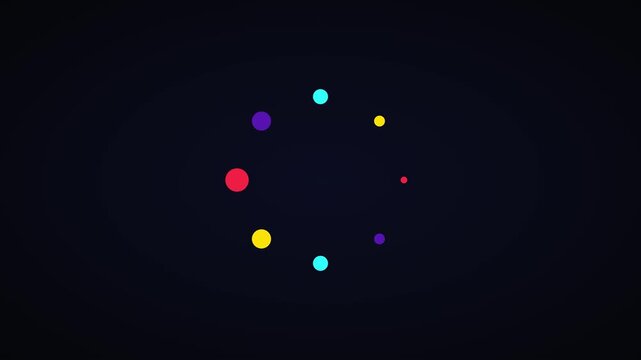 Minimalist loading spinner animation with colorful rotating dots on dark background, progress waiting