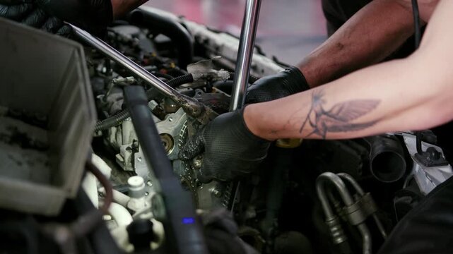 gloved mechanic using ratchet extension bar on timing chain inside open engine bay