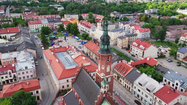 The Gothic-style Church Of St. John the Baptist In The Old City Of Radom, Poland. Aerial Orbiting Shot