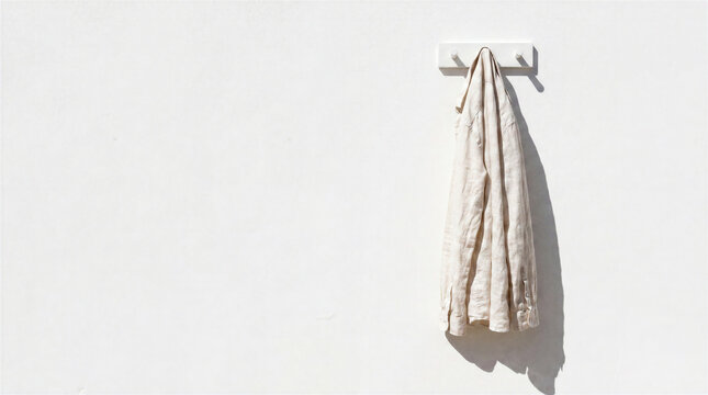 Minimalist beige linen shirt hanging on a wall hook, white background with bright natural daylight and soft shadow, simple home decor and lifestyle concept