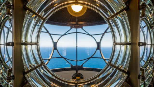 Lighthouse - Fresnel Lens Interior View with Brass Frame Looking Out Over Blue Ocean Horizon