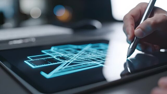Close up of architect hand drawing digital glowing blueprints on a tablet screen using an electronic stylus