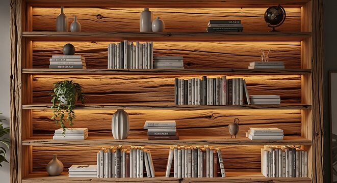 Rustic Live Edge Wooden Bookshelf with Warm LED Backlighting, Modern Luxury Home Library Display, Contemporary Interior Shelving and Natural Wood Design