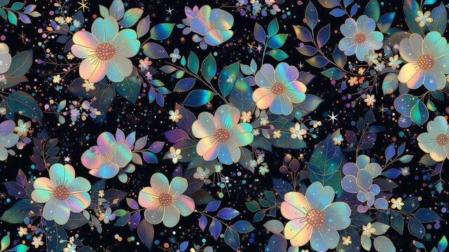 Iridescent floral pattern dark botanical background loop video