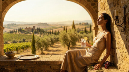 Fototapeta premium Elegant woman in silk dress relaxing on a stone terrace overlooking a Tuscan vineyard at sunset, holding a summer drink during a luxury Mediterranean vacation.