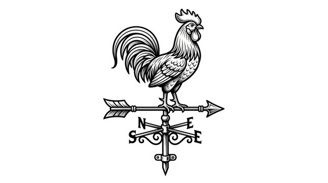 Rooster Weathervane Arrow Wind Direction Indicator Isolated Black and White