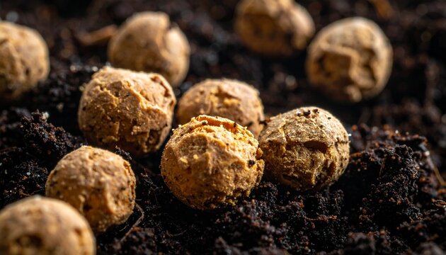 Slow Release NPK Fertilizer Granules on Dark Fertile Soil Macro