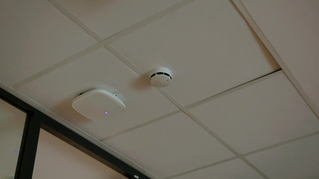 White smoke detector and wireless access point mounted on tiled suspended ceiling inside building
