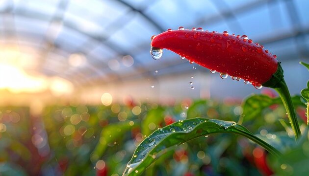 Close-up of a ripe red chili (cabe merah) with water droplets at sunset inside a greenhouse, representing fresh harvest and precision farming.
