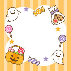 Fototapeta premium ハロウィンのお菓子とおばけのフレーム オレンジ