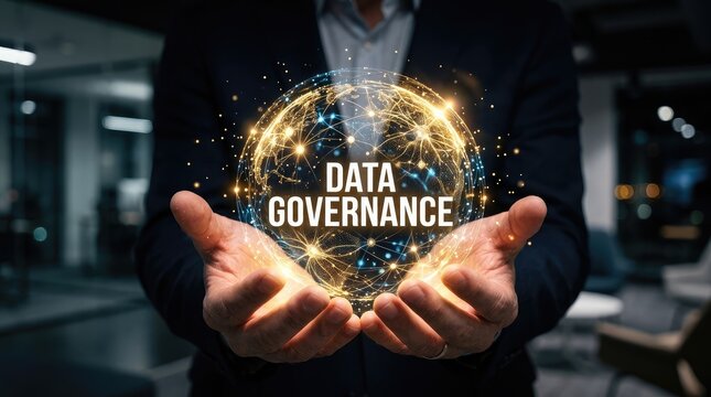 Professional businessman holding a glowing digital globe featuring data governance text in his open palms