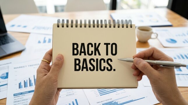 Business professional holding a spiral notebook with back to basics text written in black ink