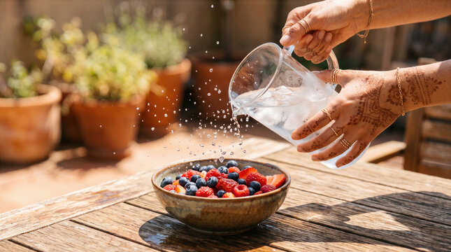 Woman with henna hands pouring cold water from glass pitcher into bowl of fresh berries on sunny outdoor table.