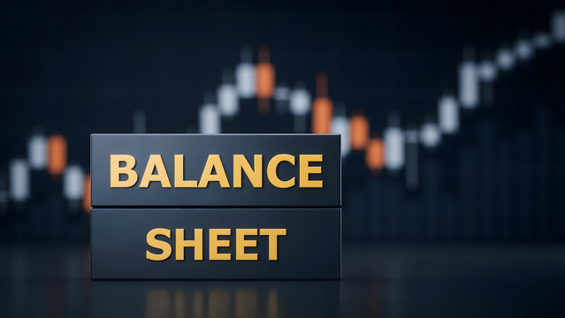 A black block with the words balance sheet displayed in front of a stock chart