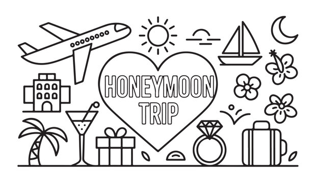 Honeymoon trip icons with airplane, boat, hotel, ring and tropical elements.