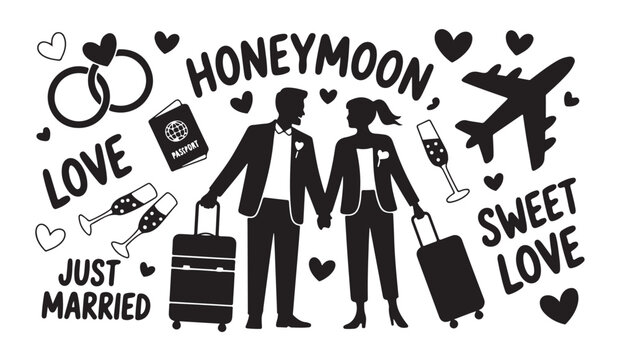 Honeymoon couple with luggage and travel icons for sweet love.