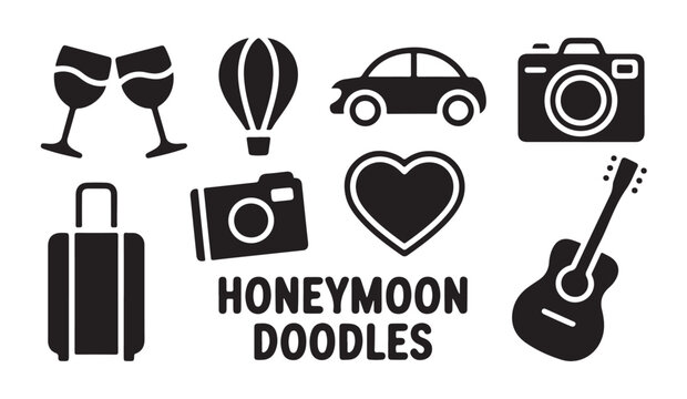 Honeymoon doodles with travel items, music, and romantic symbols.