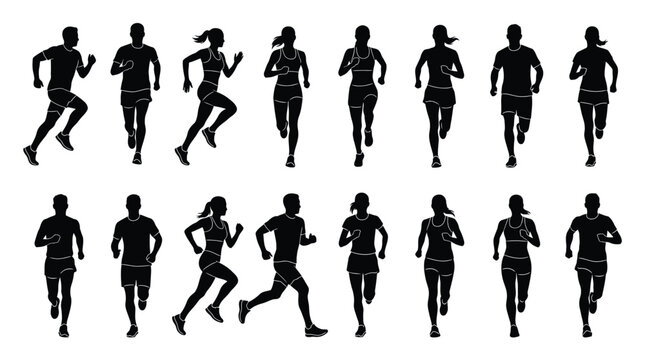 Multiple black silhouettes of athletic men and women running forward in various active dynamic poses
