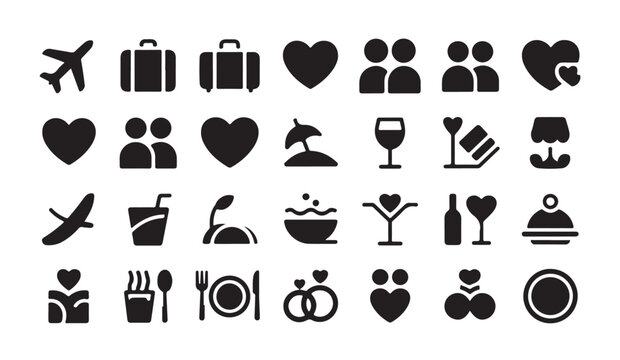 Romantic travel and vacation icons for honeymoon getaway and summer holiday trip planning.