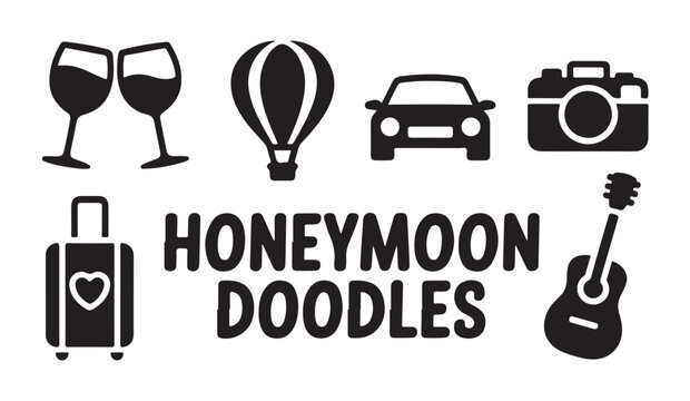 Honeymoon doodles collection with travel transport camera music and romantic wine glasses.