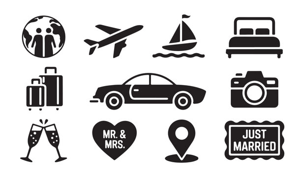 Just married honeymoon travel symbols featuring car plane boat hotel and world map icons.