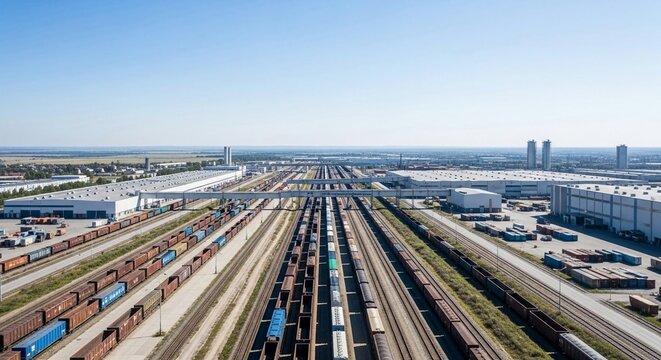Expansive freight train yard with numerous cargo cars on parallel tracks under a clear blue sky