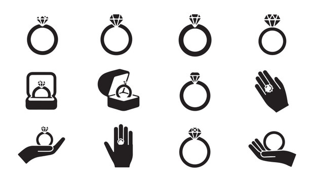 Engagement ring icons set wedding proposal symbols love relationship jewel accessories.