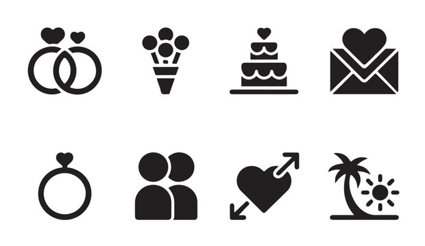 Minimalist wedding and relationship icons featuring rings flowers cake love message symbols.