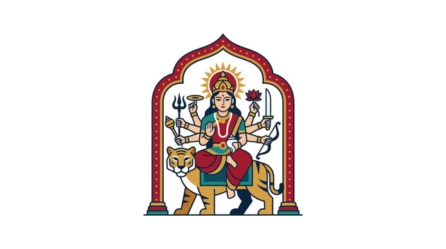 Hindu Goddess Durga Seated on Tiger Illustration