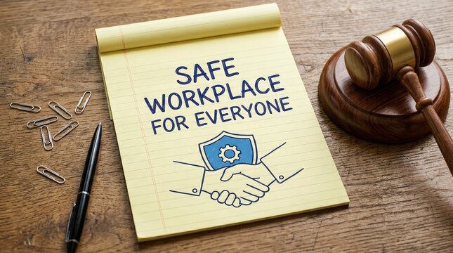 Yellow notepad with safe workplace for everyone written on it next to a wooden gavel