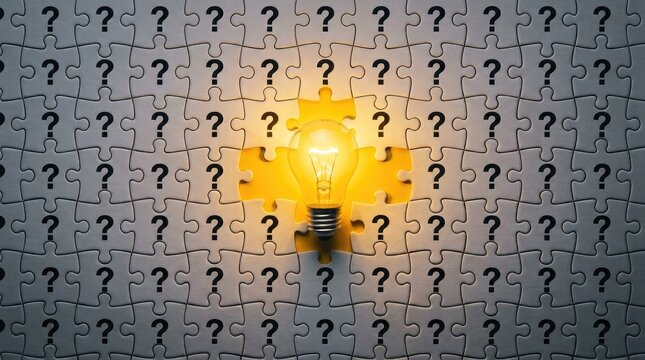 Glowing light bulb illuminating a missing puzzle piece surrounded by many black question mark icons
