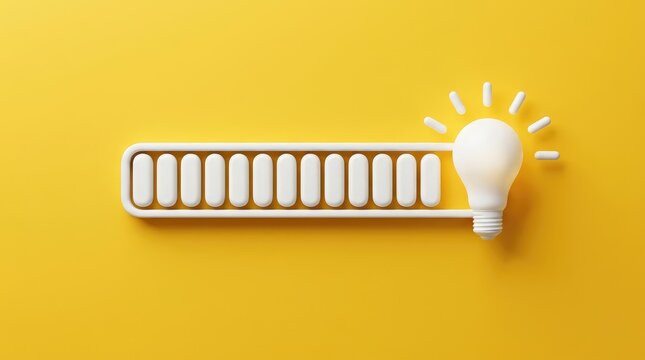 Bright white light bulb icon integrated into a horizontal progress bar against a yellow background