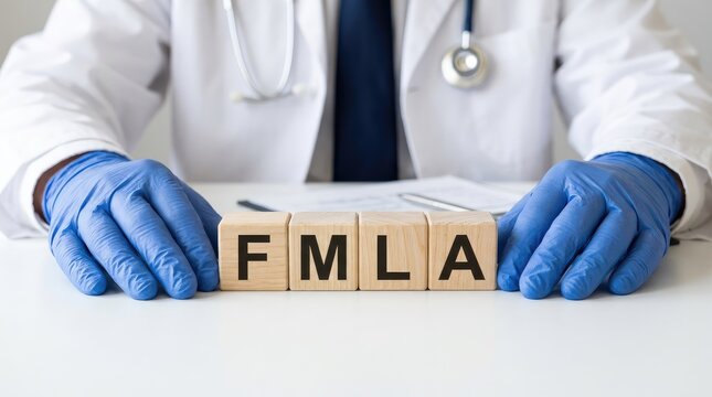 Medical professional wearing blue gloves holds wooden blocks displaying the acronym fmla on white desk