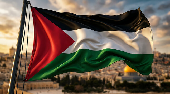 Palestinian flag waving in the wind against a blurred cityscape background during sunset