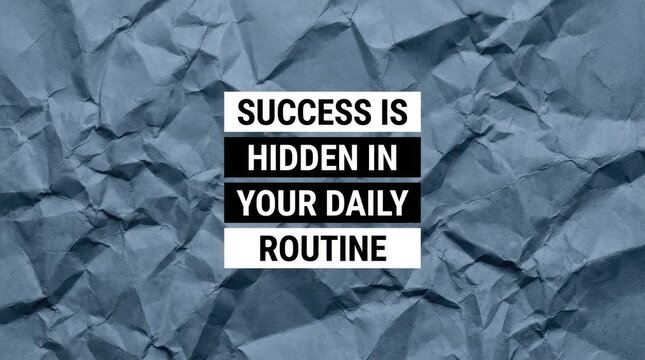 Motivational quote about daily routine success displayed on a textured grey crumpled paper background surface