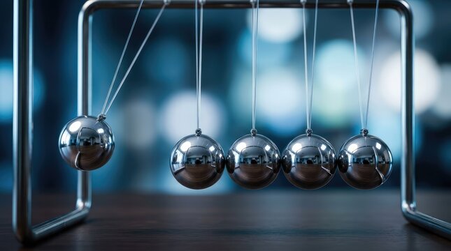 Shiny chrome newton cradle balls swinging rhythmically on a dark wooden surface with soft blue lighting